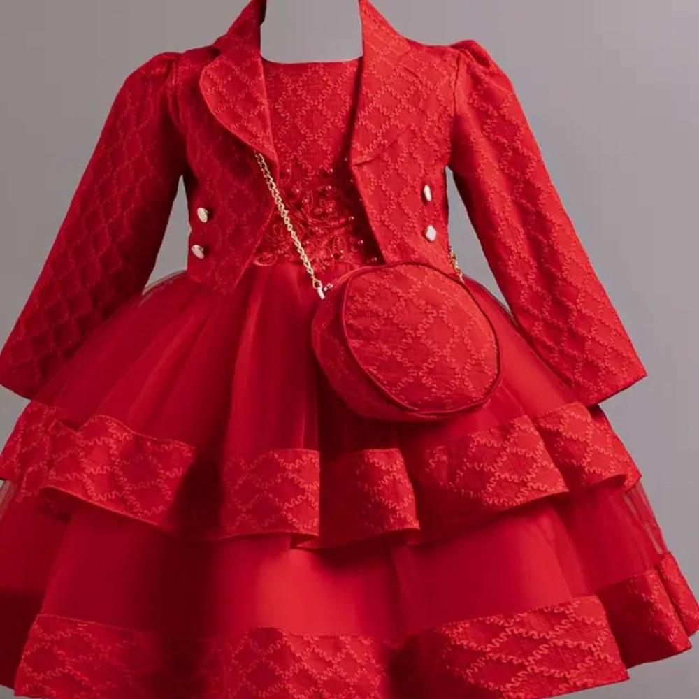 Handmade Vibrant Red Lace Matching Set of 3 with Ruffled Dress ,jacket and Purse